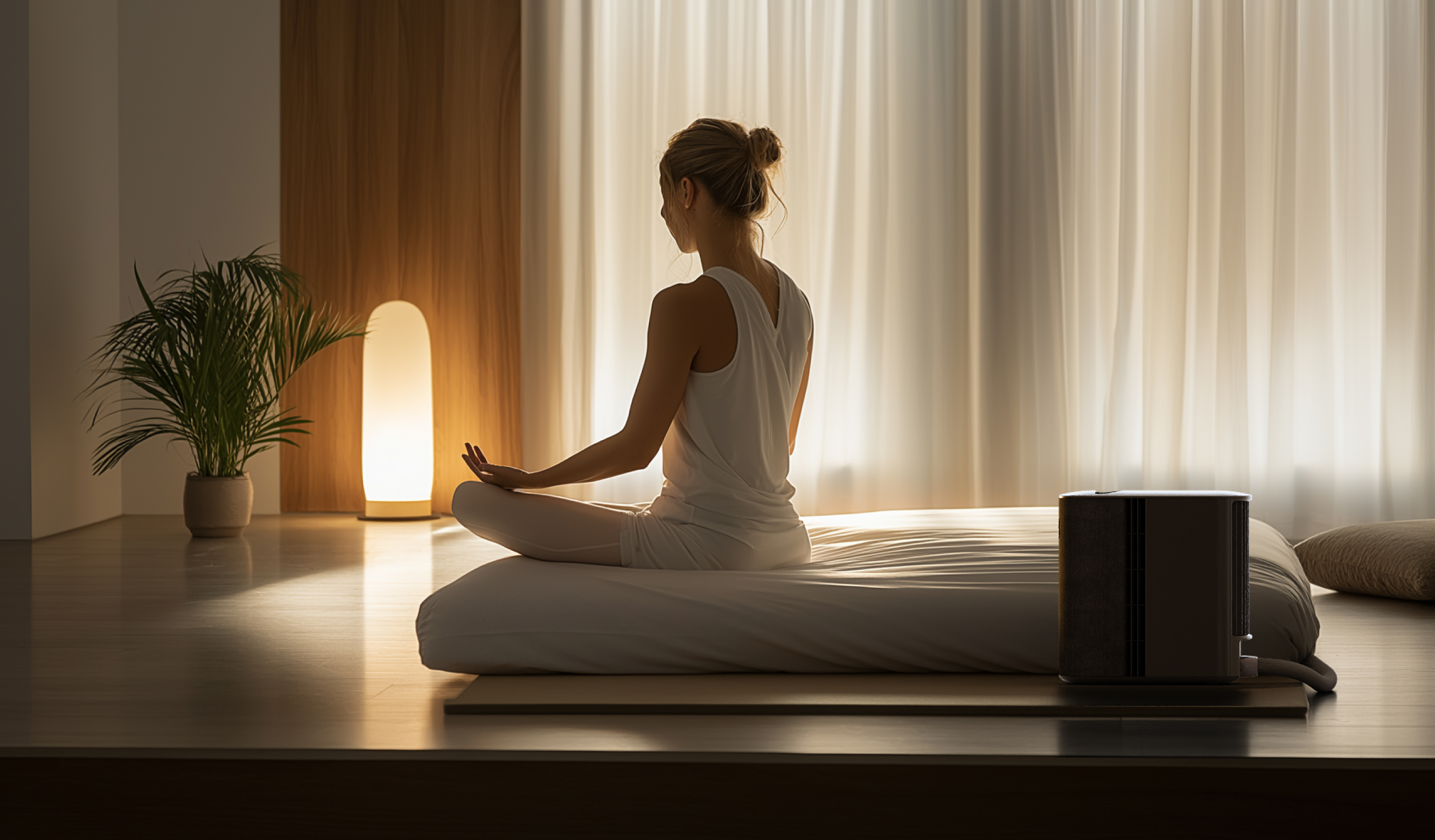 A woman doing yoga while sitting on the Pod