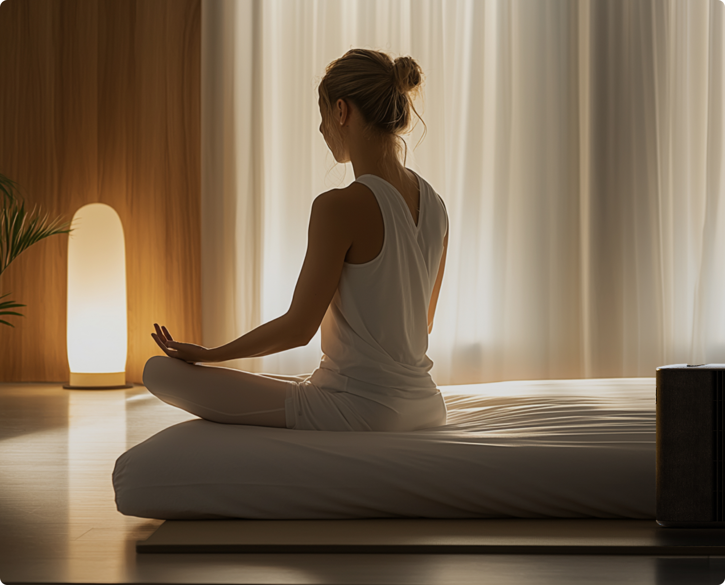 A woman peacefully performing yoga on the Pod 4